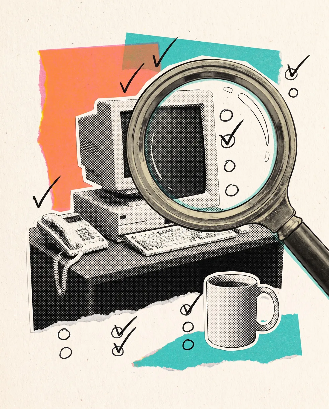 Collage: una lente d'ingrandimento sopra il computer di una scrivania d'ufficio, con spunte disegnate a mano