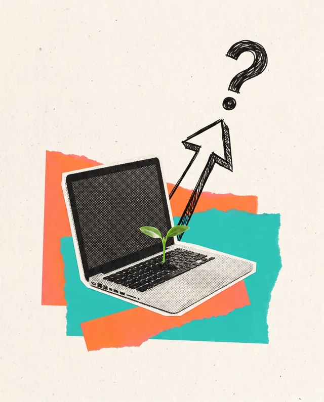Collage: un portatile da cui spunta un germoglio, una freccia che si interrompe in un punto interrogativo
