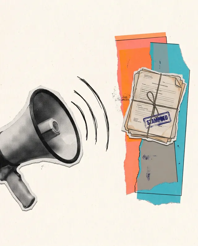 Collage: un megafono che emette onde e, lontano, un sottile fascicolo di documenti timbrati