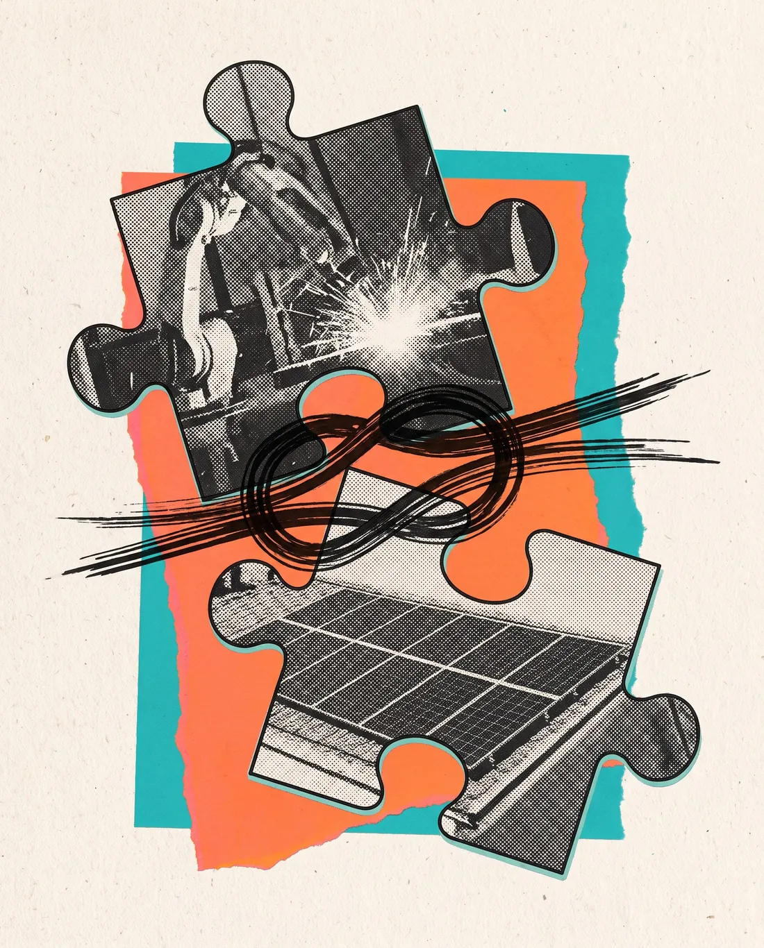 Collage: un braccio robotico e un pannello solare come due tessere di puzzle che combaciano