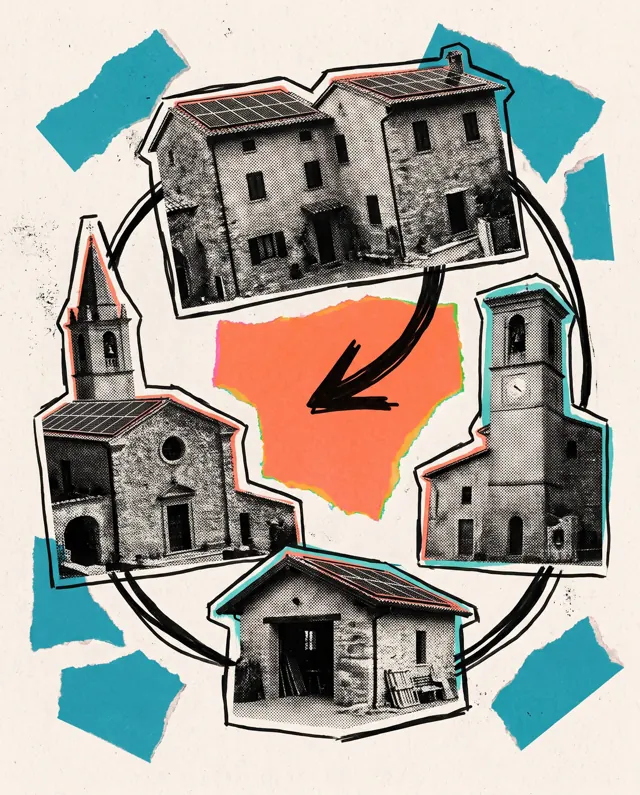 Collage: case di paese e un campanile collegati in cerchio, al centro uno spazio vuoto indicato da una freccia