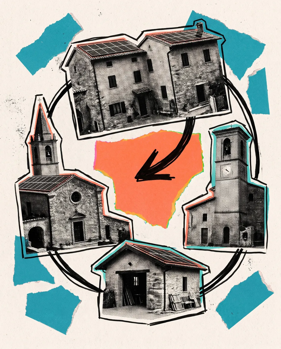 Collage: case di paese e un campanile collegati in cerchio, al centro uno spazio vuoto indicato da una freccia