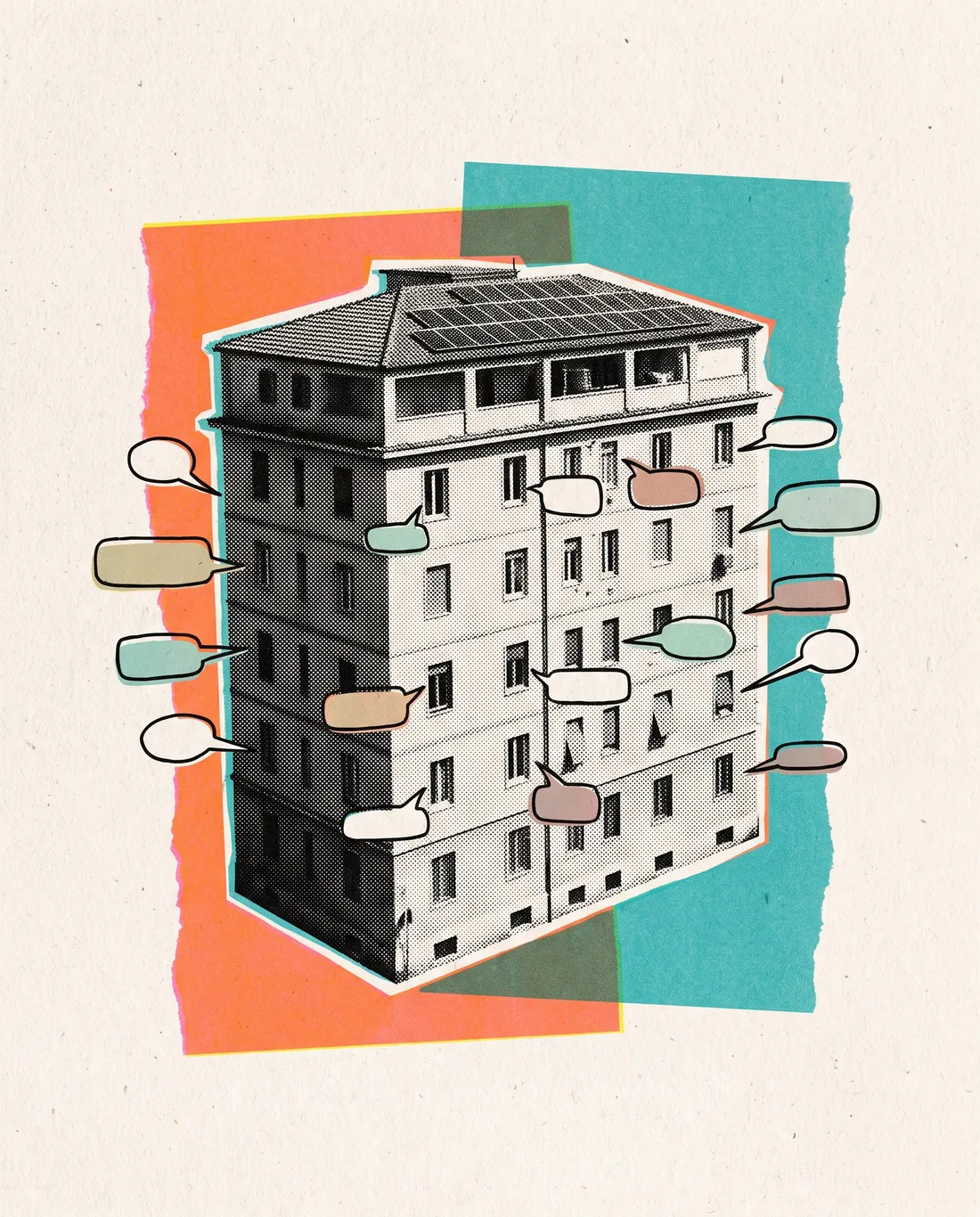 Collage: un condominio con pannelli solari sul tetto e tanti fumetti vuoti dalle finestre