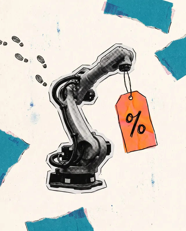 Collage: un robot industriale da solo con un cartellino sconto, impronte che si allontanano