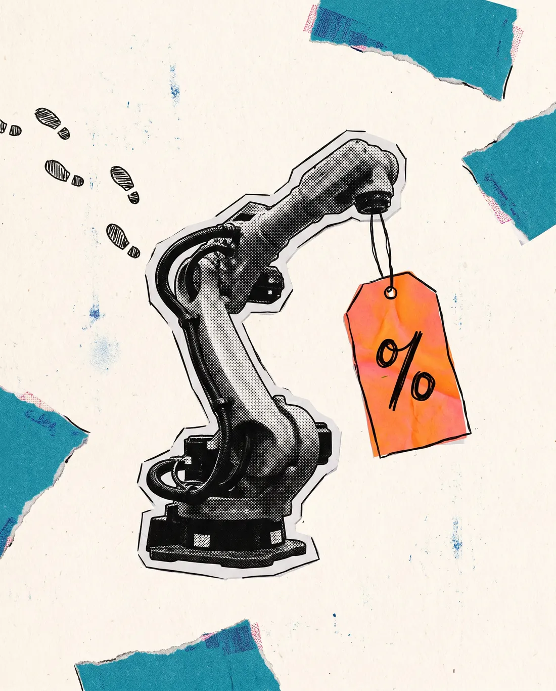 Collage: un robot industriale da solo con un cartellino sconto, impronte che si allontanano