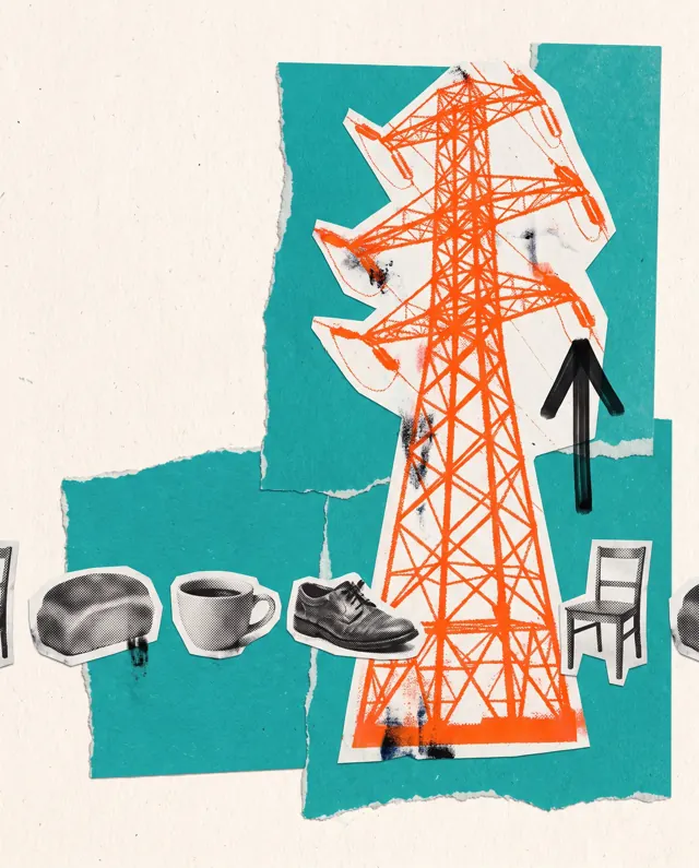 Collage: oggetti quotidiani tutti piccoli e un traliccio elettrico arancione gigante con una freccia in su