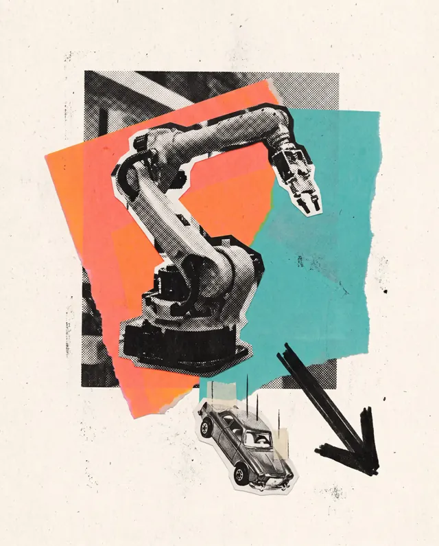 Collage: un braccio robotico industriale su carta strappata, una piccola auto che cade e una freccia verso il basso
