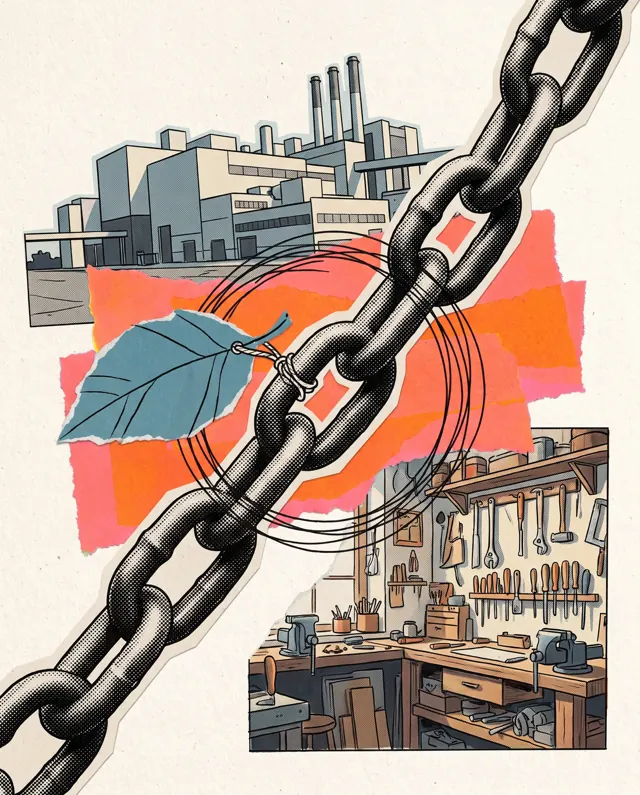 Collage: una catena che lega una bottega artigiana a una grande fabbrica, con una foglia legata a un anello