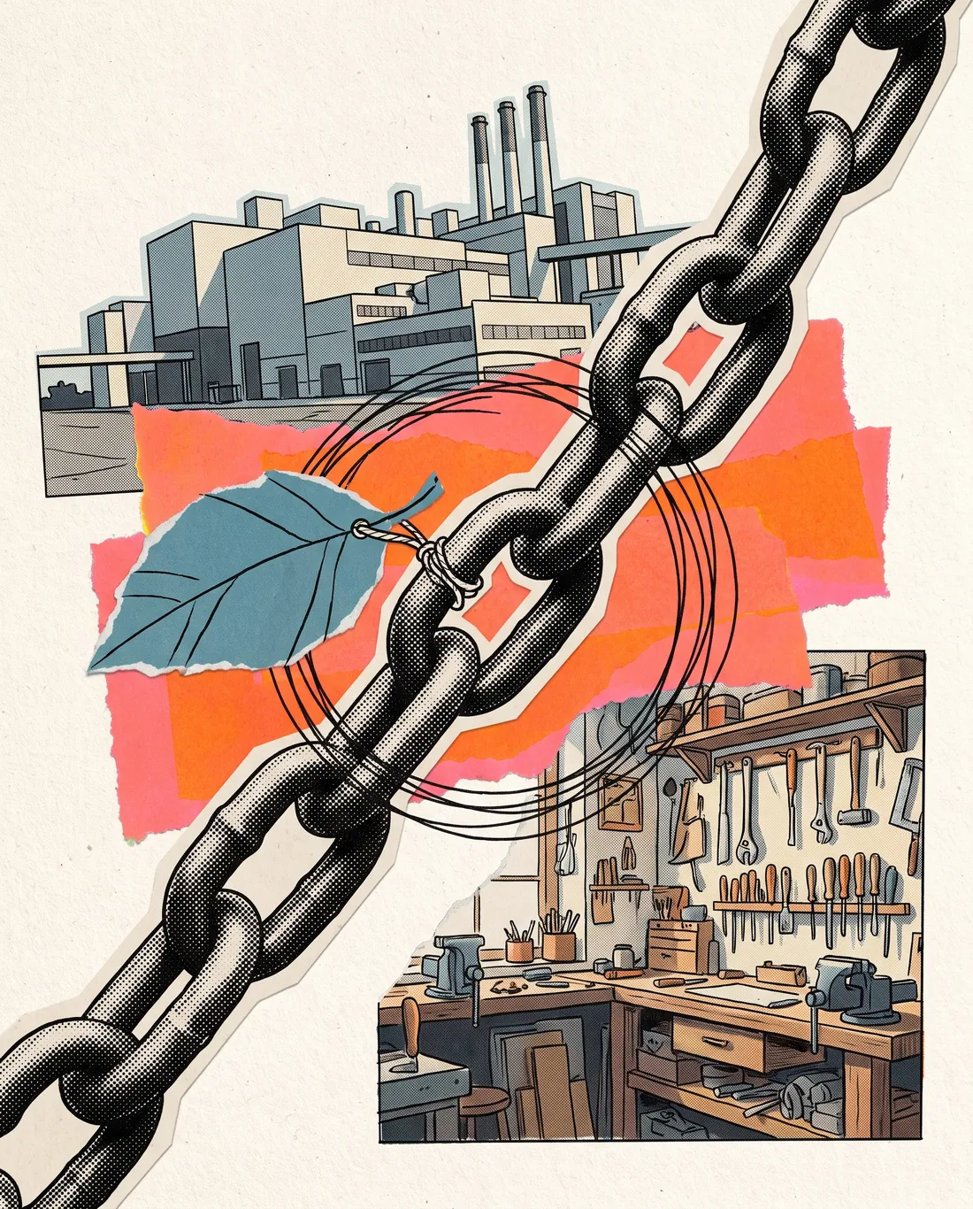 Collage: una catena che lega una bottega artigiana a una grande fabbrica, con una foglia legata a un anello