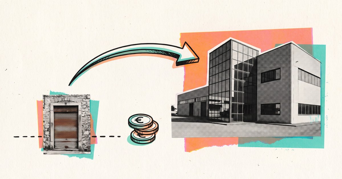 Collage: un grande edificio industriale e una piccola bottega con la saracinesca, una freccia disegnata a mano che porta le monete verso l'edificio grande e una linea tratteggiata che si ferma davanti alla bottega